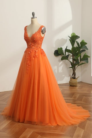 Princess A Line V Neck Orange Long Prom Dress with Appliques