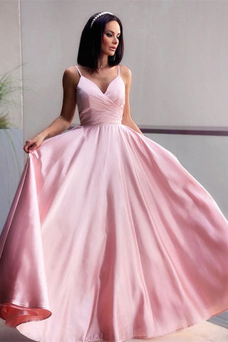 Vestido largo de fiesta rosa con tirantes finos y escote en V, corte en A