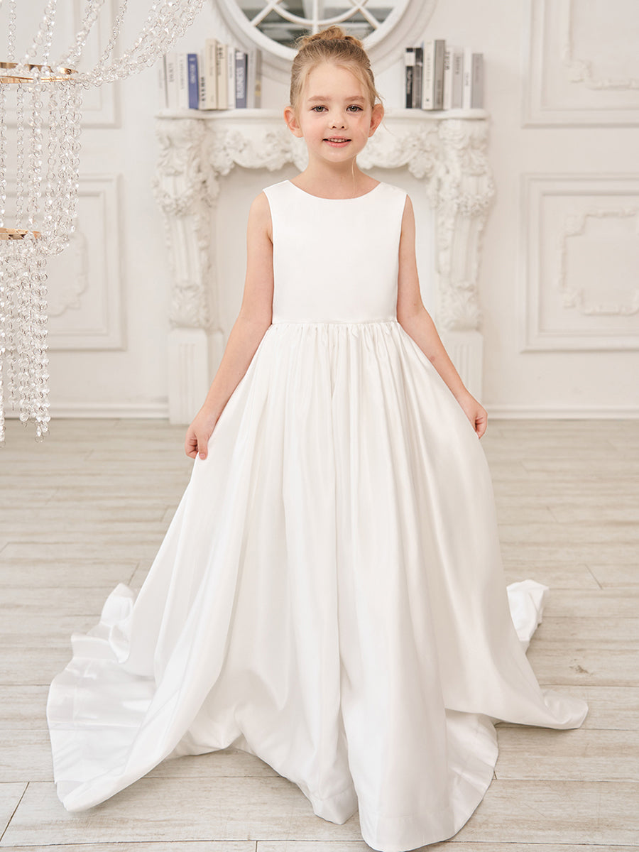 Vestido de niña de las flores de satén sin mangas, corte princesa, con cola y lazo. 