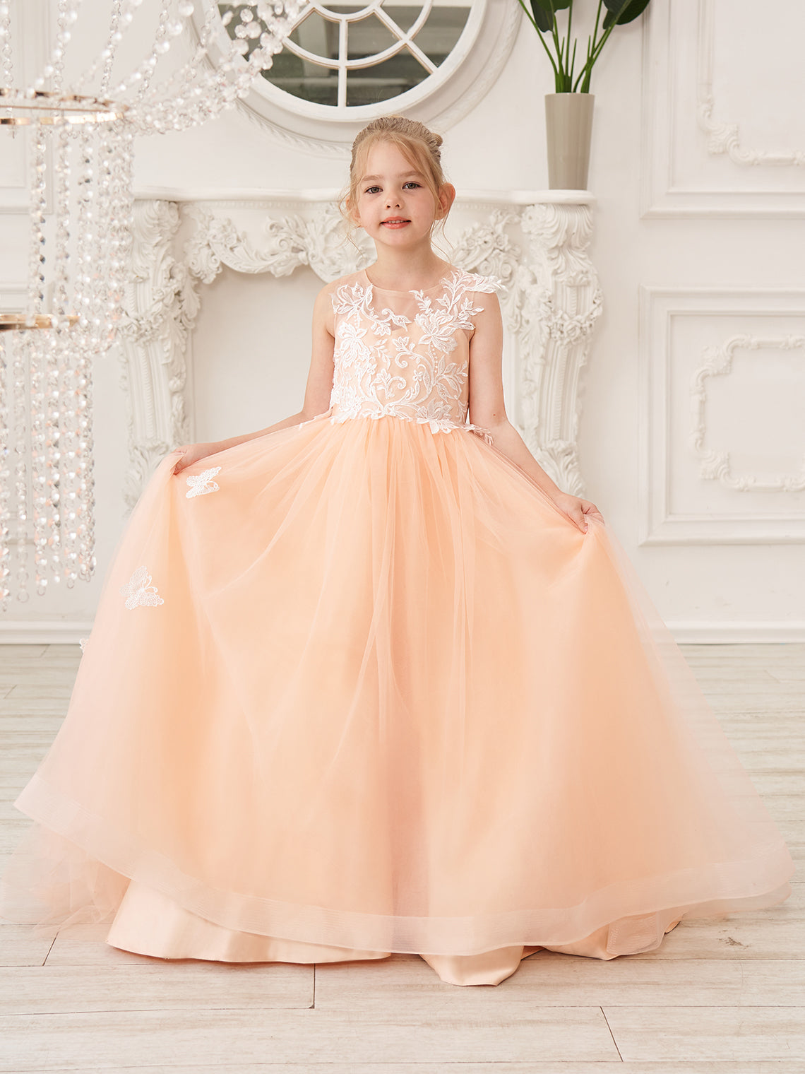 Elegante vestido de princesa sin mangas de tul para niña de las flores, corte en A 