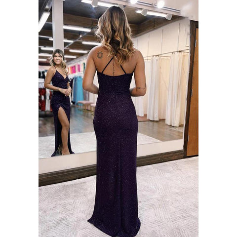 Vestido de fiesta formal sencillo e informal con escote en V, tirantes finos y abertura lateral