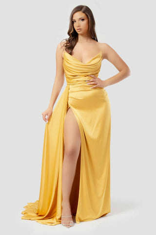 Yellow Long Strapless Sleeveless Mermaid Prom Dress With High Slit