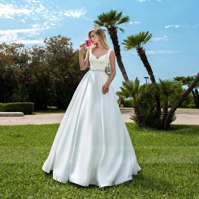 Elegant Women's Wedding Dresses V-Neck Lace Appliques Beads Belt Satin Buttons Back A-Line  2023 Vestido De Noiva Bridal Gowns