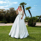 Elegant Women's Wedding Dresses V-Neck Lace Appliques Beads Belt Satin Buttons Back A-Line  2023 Vestido De Noiva Bridal Gowns
