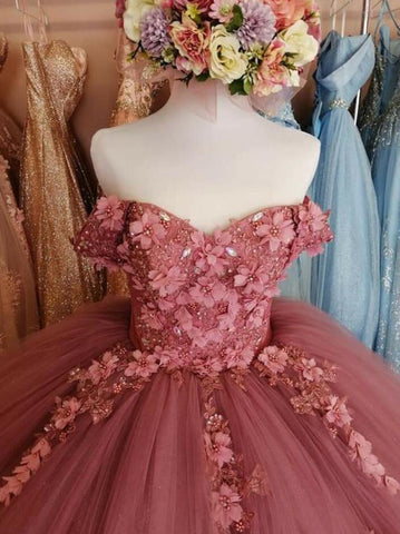 Robe de bal longue en dentelle rose poudré pour les 16 ans (Y683)