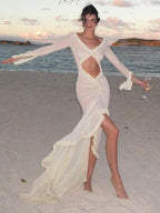 TARUXY Deep V Neck Sheer Dress For Women Elegant Slim Hollow Out Dress Femme Holiday Beach Sexy Ruffle Slit Evening Dress Ladies
