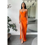 Robe de bal longue fendue à bretelles spaghetti pour femme