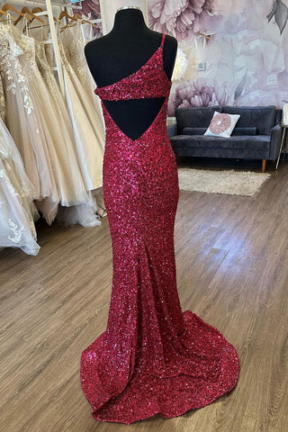 Robe de bal longue sirène asymétrique bordeaux à sequins et fente sur le devant