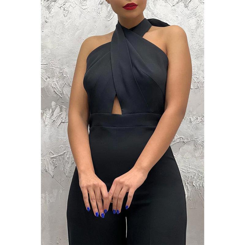 Trajes formales de pantalón con escote halter cruzado y corte tubo, vestido de fiesta formal negro 