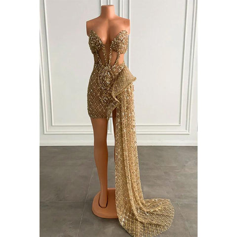 Robe de bal longue et sexy à col en V et perles épaisses pour filles noires 