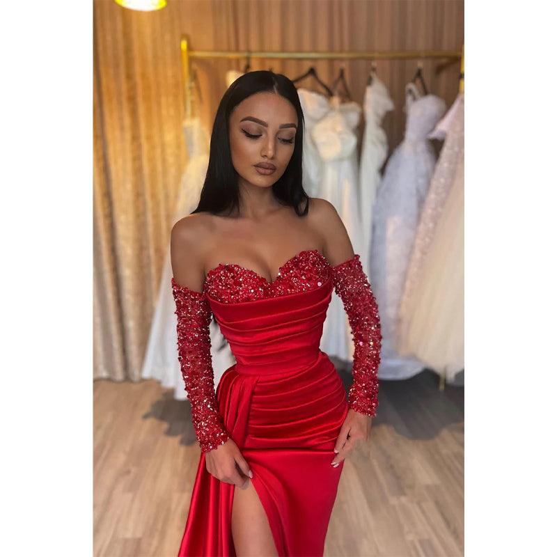 Vestido formal de fiesta largo con mangas largas y lentejuelas y escote en forma de corazón