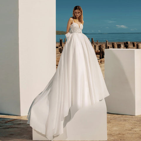 Vestidos de novia bohemios de corte A para mujer, con escote corazón, tirantes finos, espalda descubierta, lazo brillante con cuentas en la espalda, Robe De Mariee