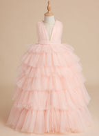 Vestido de princesa rosa perla sin mangas para niña de las flores con lazo de tul 