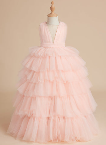Robe de bal/robe de princesse rose perle sans manches en tulle avec nœud pour demoiselle d'honneur 