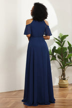 Robe de demoiselle d'honneur bleu marine en mousseline de soie à épaules dénudées et fente