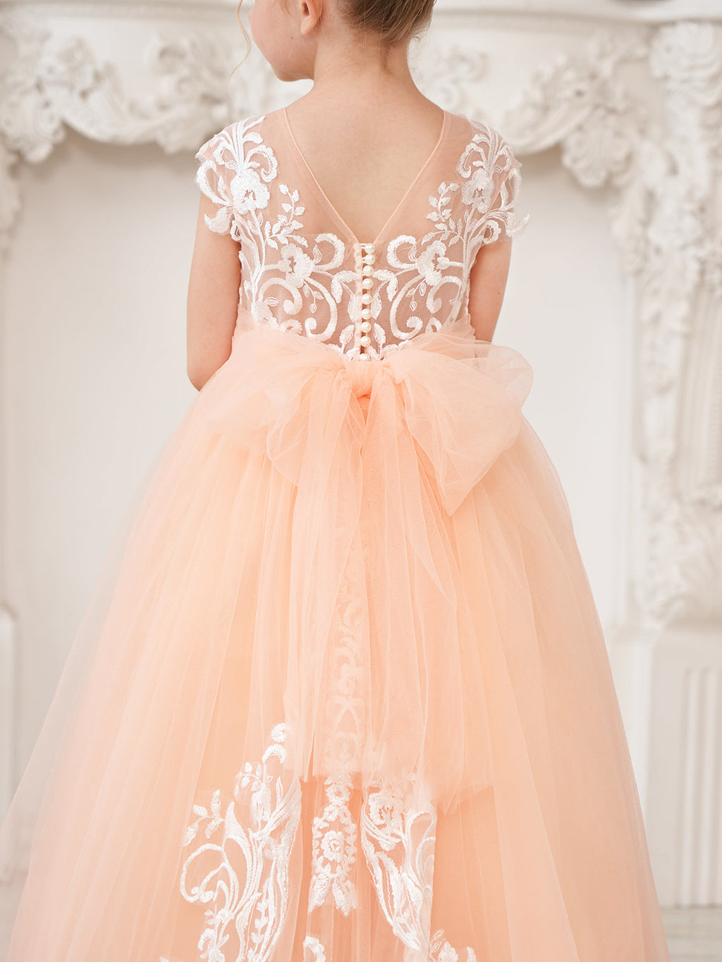 Vestido rosa de niña de las flores, corte en A, encaje, tul y cola corta 