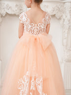 Vestido rosa de niña de las flores, corte en A, encaje, tul y cola corta 
