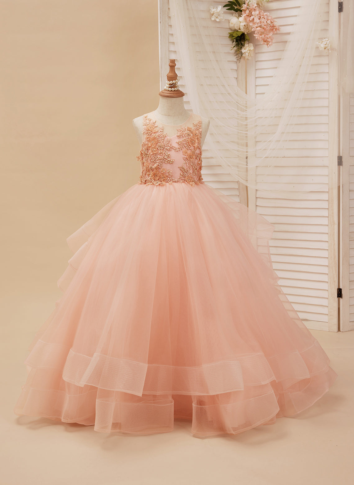 Vestido de princesa rosa para niña de las flores, estilo gala/con cola de tul. 