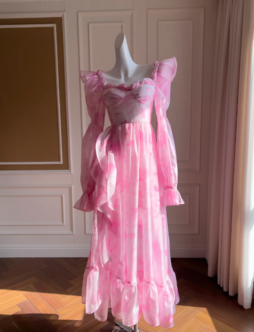 Vestido de fiesta largo de corte A con estampado de gasa rosa, modelo Y8569