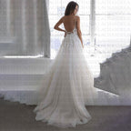 Tulle V-Line Wedding Dresses Deep V-Neck Spaghetti Strap Lace Appliques Backless Pleat Customised Vestidos De Novia