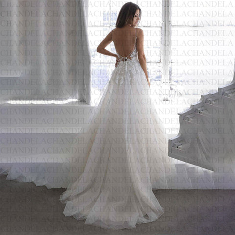 Tulle V-Line Wedding Dresses Deep V-Neck Spaghetti Strap Lace Appliques Backless Pleat Customised Vestidos De Novia