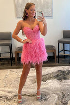 Bodycon Sweetheart Pink Short Homecoming Dress with Feathers