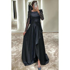 Robe de soirée fourreau/colonne carrée en satin à manches longues et appliques