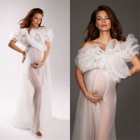 Robe de soirée photo en tulle à une épaule, effet froissé, épaules dénudées, manches courtes, pour femme enceinte