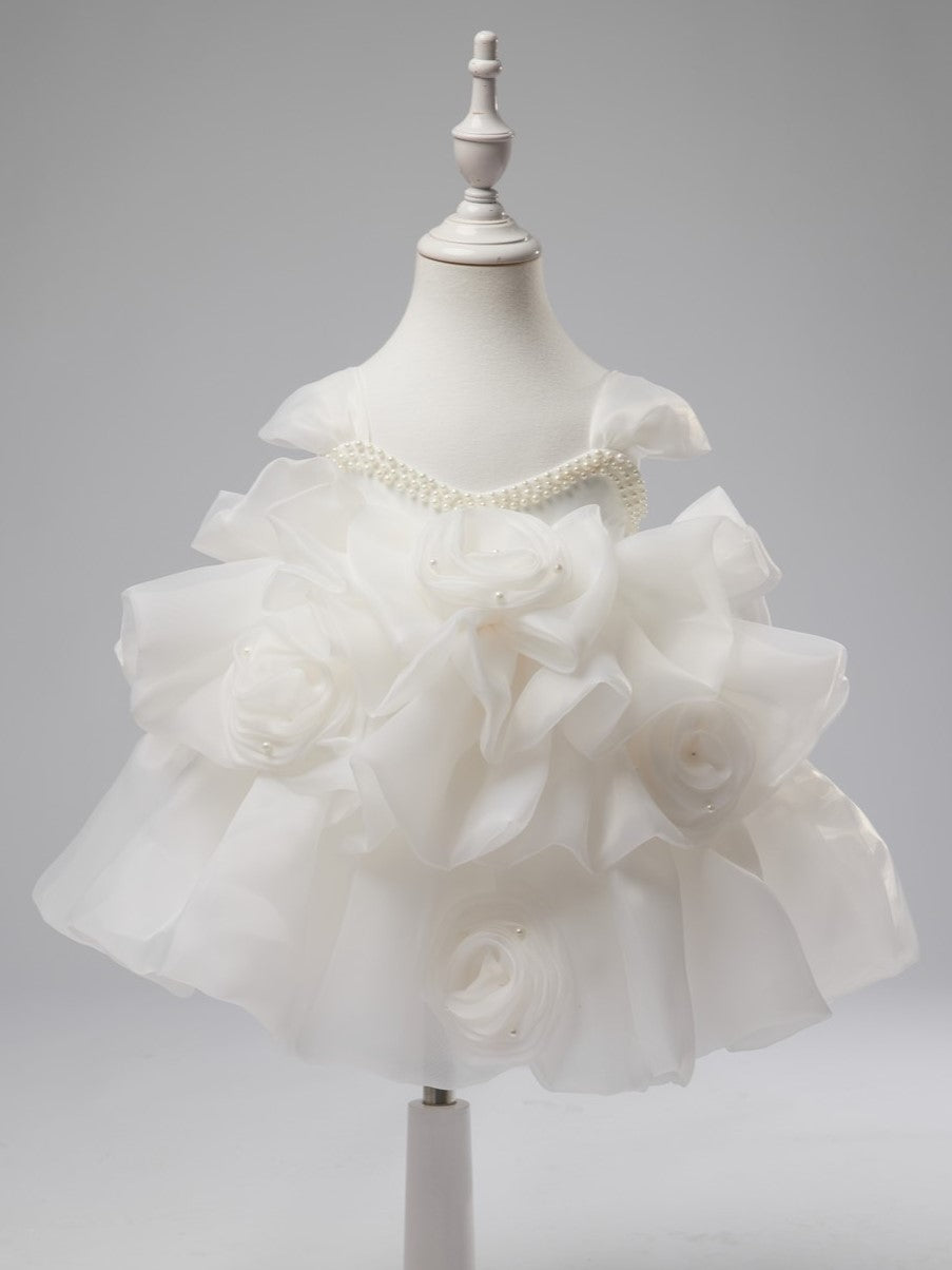 Vestido de organza con flores 3D hasta la rodilla para fiesta de primer cumpleaños de niña 