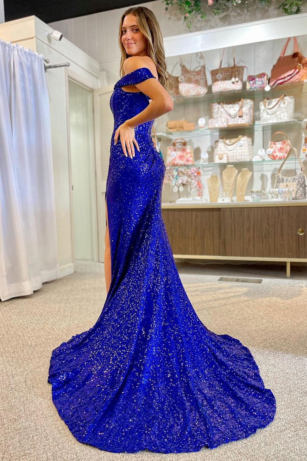 Undeniably Amazing Mermaid Off the Shoulder Royal Blue Sequins Long Prom Dress with Silt