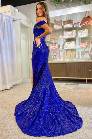 Robe de bal longue sirène à sequins bleu roi, épaules dénudées et fente, absolument magnifique.