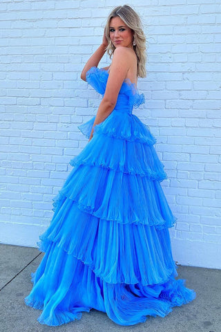 Charming A Line Strapless Blue Long Prom Dress with Ruffles