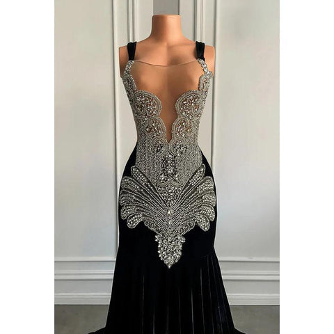 Vestido de fiesta de noche con escote en V, tirantes finos, volantes y pedrería, corte sirena/trompeta