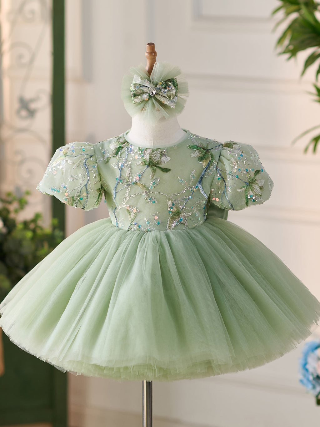 Vestido verde de tul con lentejuelas hasta la rodilla para fiesta del primer cumpleaños de niña 