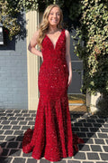 Mermaid Deep V Neck Red Sequins Long Prom Dress