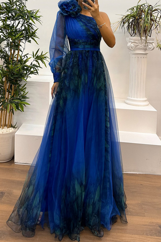 Vestidos de noche sexys para baile de graduación con estampado floral, abertura, malla en forma de flor y hombros caídos (6 colores) 