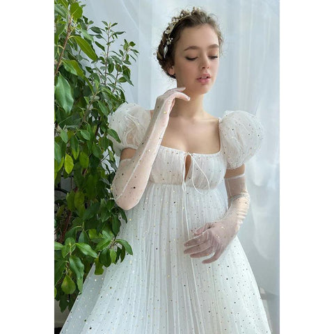 Robe de bal longue trapèze en tulle à col carré et manches courtes bouffantes