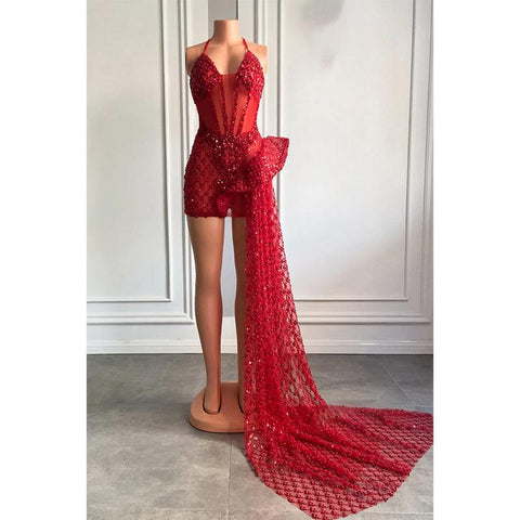 Robe de bal longue et sexy à col en V et perles épaisses pour filles noires 
