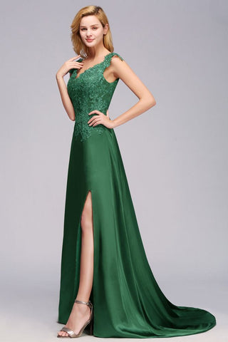 Cap Sleeve aline appliques Bridesmaid Dress Green Side Split Wedding Party Dress with Sweep Train