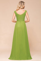 Vestido de dama de honor verde largo y sencillo, corte A, manga corta.