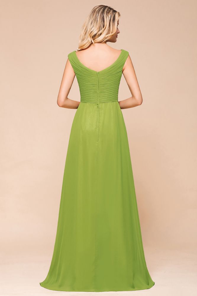 Vestido de dama de honor verde largo y sencillo, corte A, manga corta.