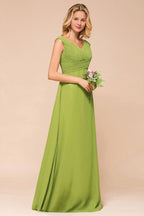 Vestido de dama de honor verde largo y sencillo, corte A, manga corta.