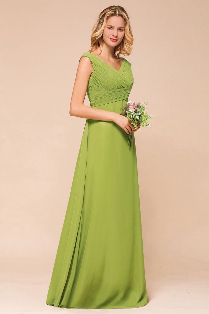 Vestido de dama de honor verde largo y sencillo, corte A, manga corta.