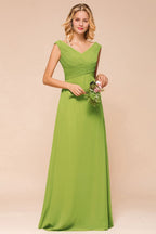 Vestido de dama de honor verde largo y sencillo, corte A, manga corta.