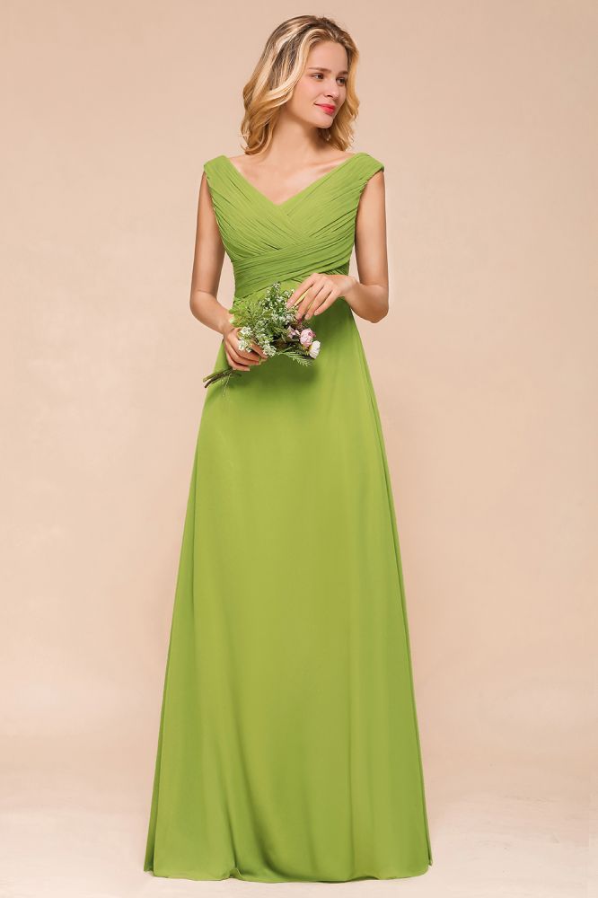 Vestido de dama de honor verde largo y sencillo, corte A, manga corta.