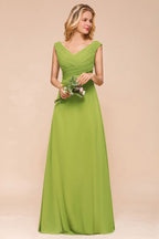 Vestido de dama de honor verde largo y sencillo, corte A, manga corta.