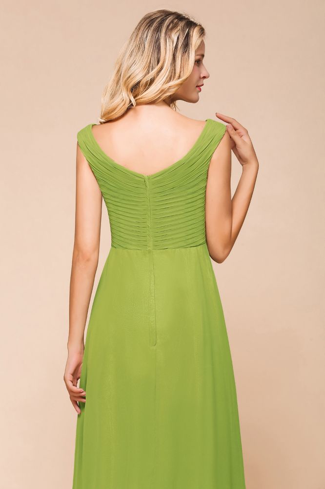 Vestido de dama de honor verde largo y sencillo, corte A, manga corta.