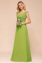 Vestido de dama de honor verde largo y sencillo, corte A, manga corta.