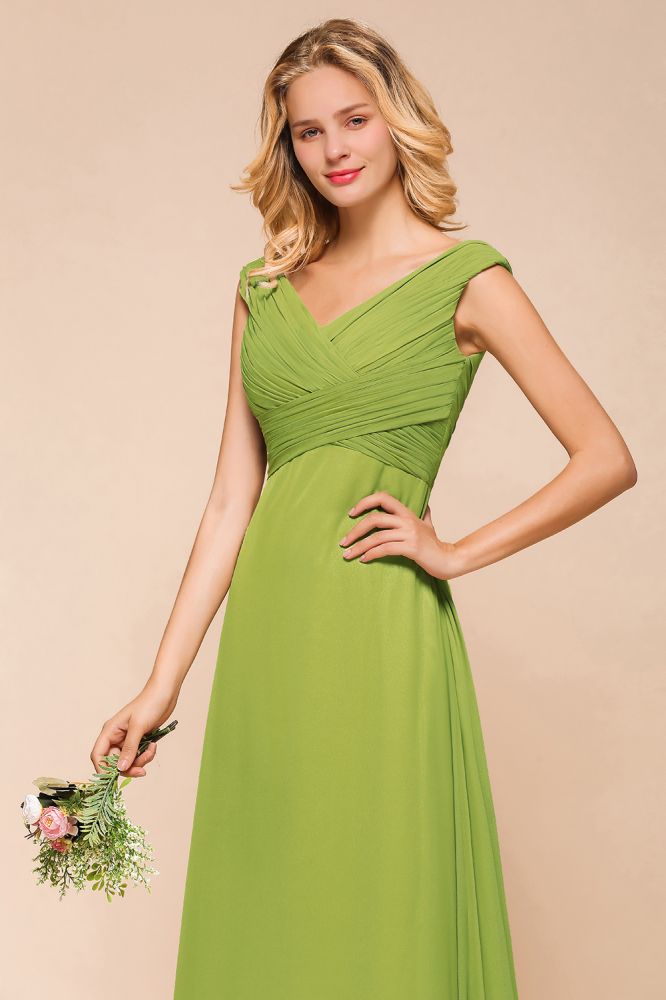 Vestido de dama de honor verde largo y sencillo, corte A, manga corta.
