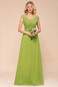 Vestido de dama de honor verde largo y sencillo, corte A, manga corta.